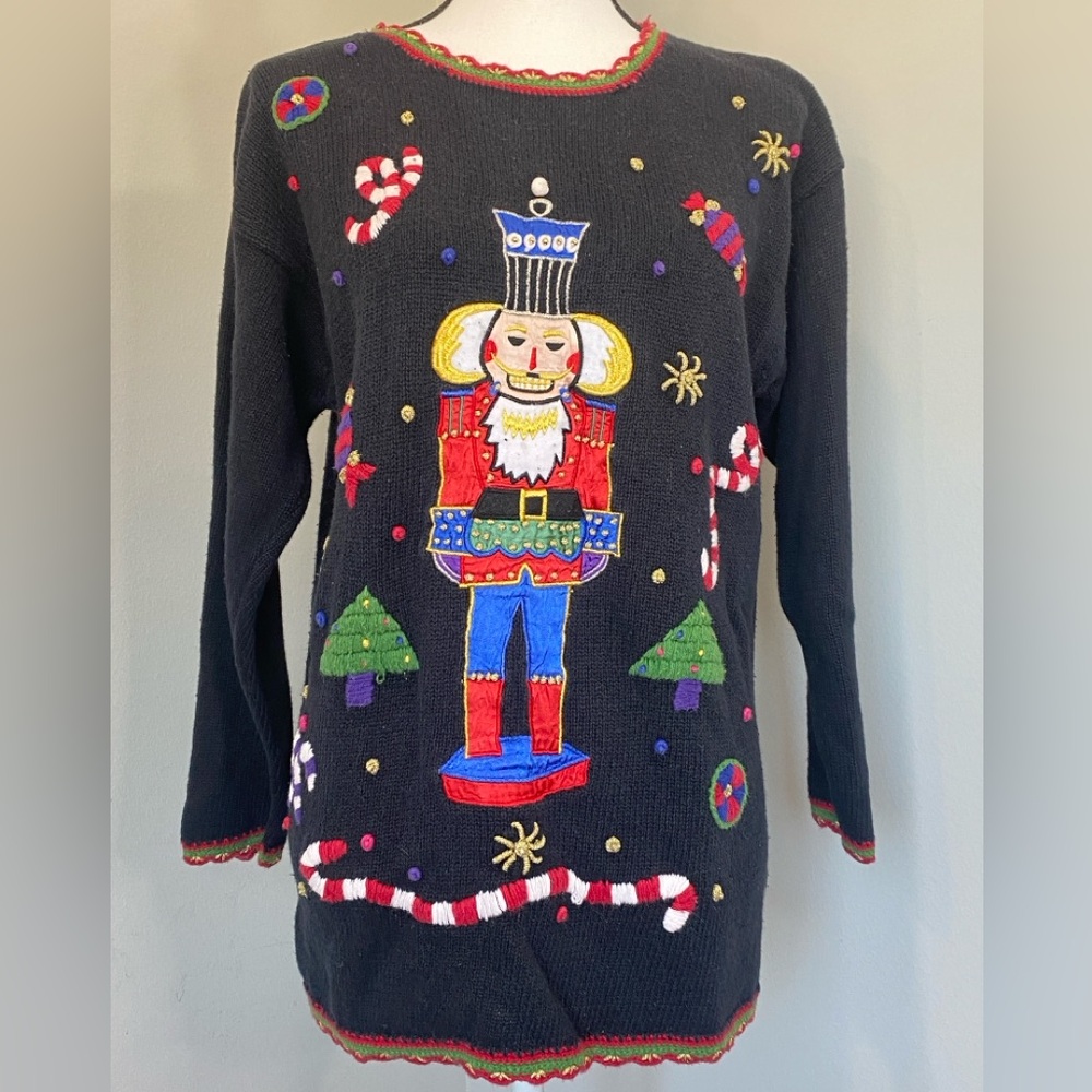 Black Ramie Blend Christmas Holiday Nutcracker Candy Cane Sweater Vintage Medium